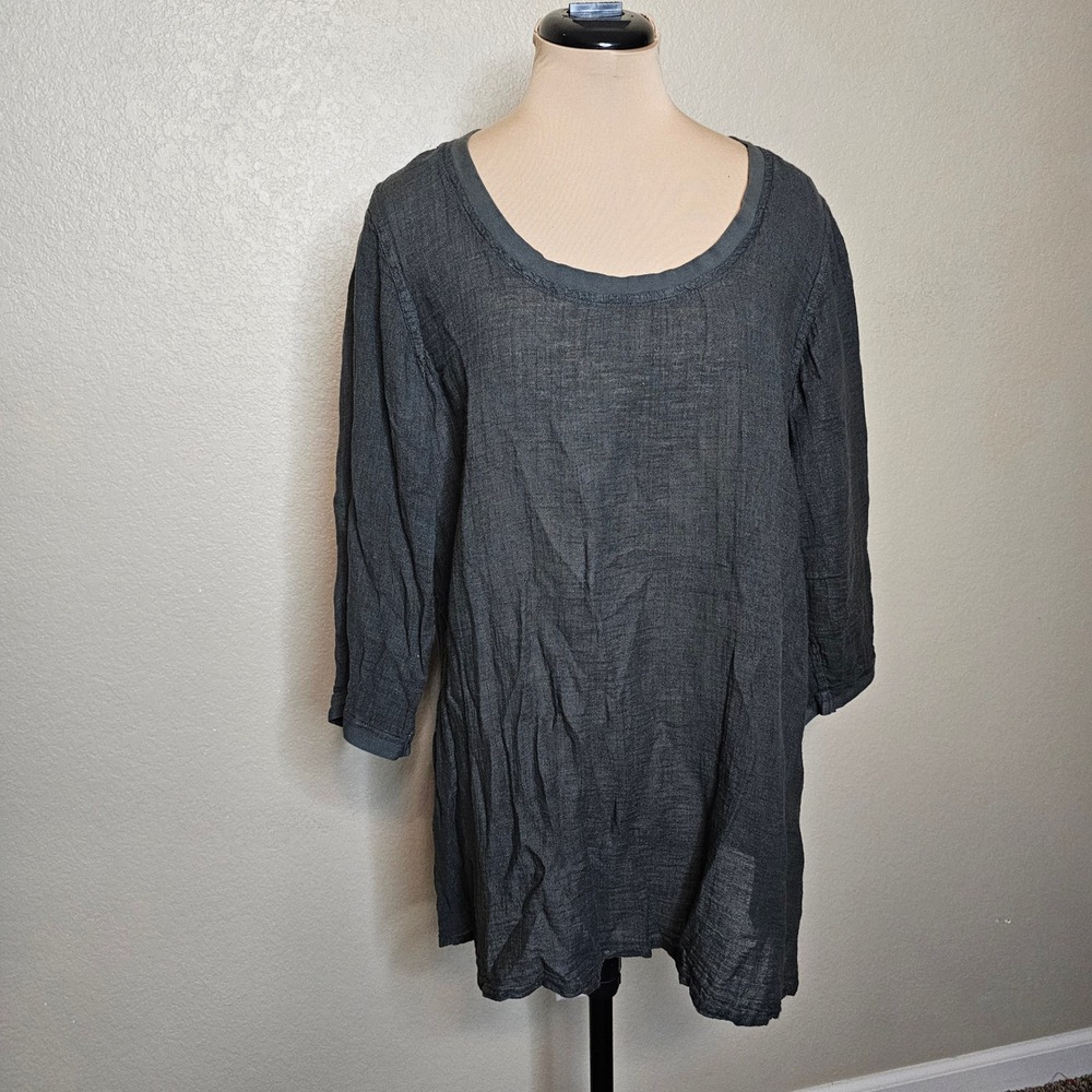 Flax Womens Small Gray Linen Cotton Blend 3/4 Sleeve Tunic Top Scoop Neck